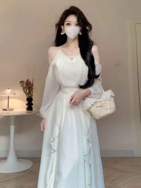 프랑스식 부드러운 하얀 달빛 오프숄더 행침 목 드레스 불규칙 프릴 품격 자이언트 잘 생긴 허리 수축 길다 치마