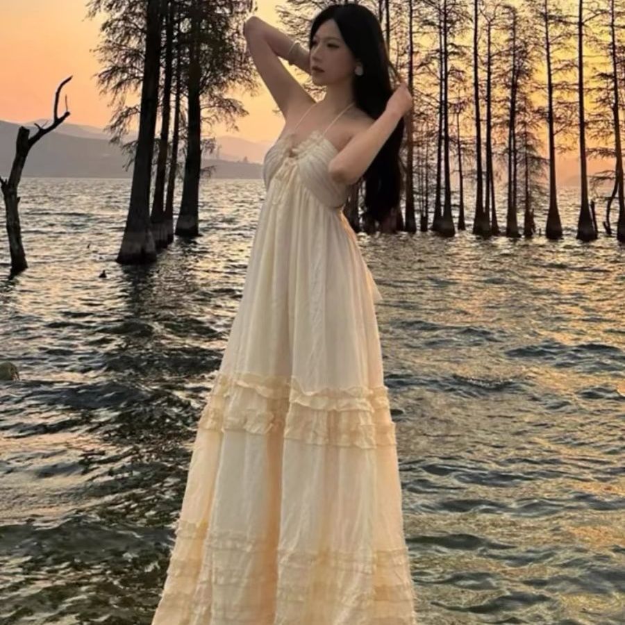 프랑스식 섹시함 순수한 욕망 바람 슬립 행침 목 드레스 여름 품격 달콤함 롱 스커트 부드러운 바람 백리스 케이크 드레스