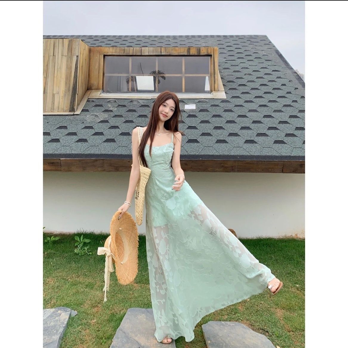 프랑스식 박하 녹색 레이스 슬립 여성 드레스 여름 품격 허리 수축 한 마디 치마 해변가 휴가 바람 롱 스커트
