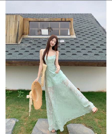 프랑스식 박하 녹색 레이스 슬립 여성 드레스 여름 품격 허리 수축 한 마디 치마 해변가 휴가 바람 롱 스커트