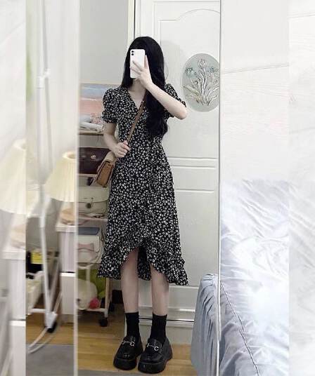 부드러운 검정색 여름 드레스 2026 년 새로운 숲속 소녀 그는 벤 바람 차 휴식 치마 서리가 내린 바람 인어 꼬리 꽃무늬 여성 드레스