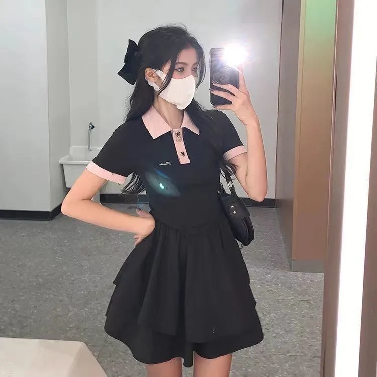 핫걸 배색 POLO 칼라 여성 드레스 여름 작은 대중 디자인 센스 허리 수축 슬림해 보이는 스트랩 치마 표지 고기 셔츠 드레스