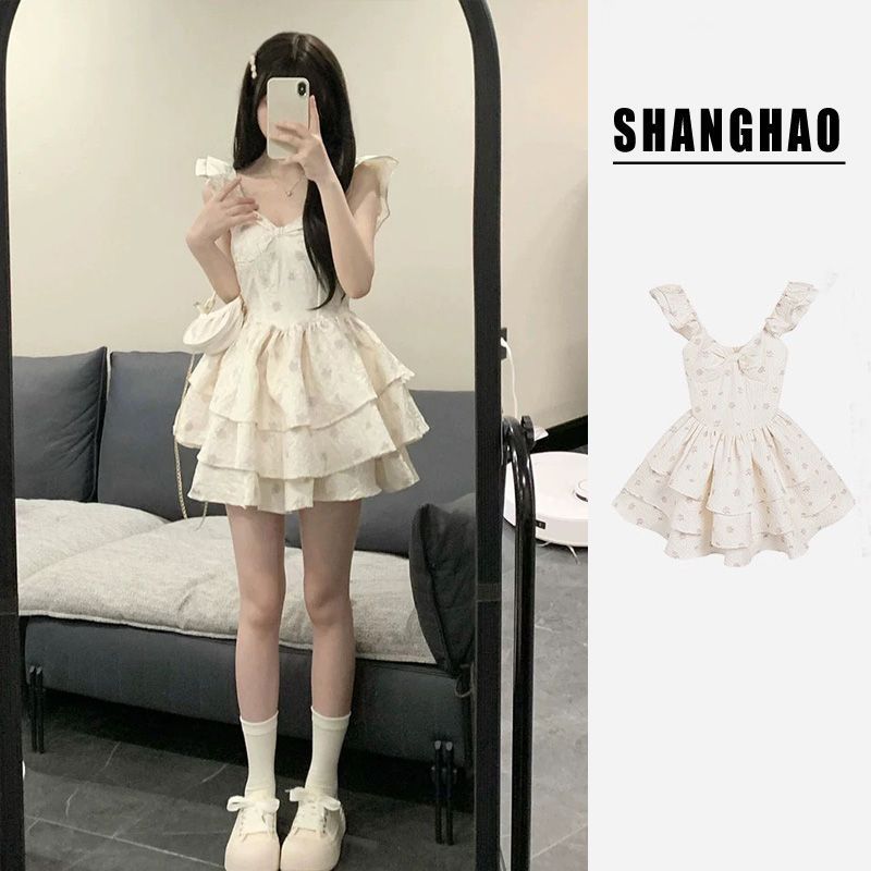 2026 봄 여름 프랑스식 아름다운 달콤한 핫걸 Feifei 소매 슬립 드레스 요정 치마 허리 수축 퍼프 스커트 작은 키