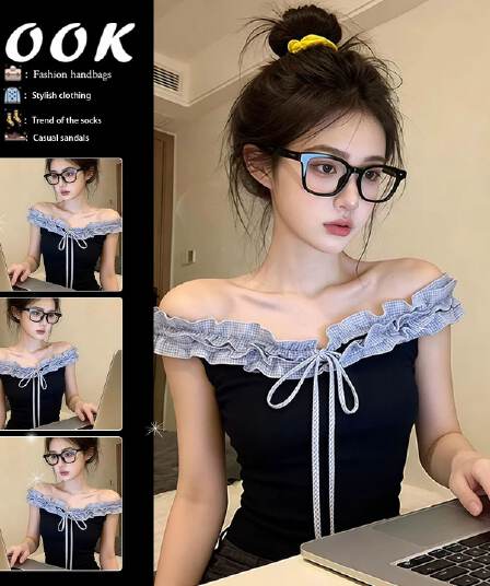 아메리칸 레트로 배색 프릴 레이스업 반팔 티셔츠 여성 여름 작은 키 허리 수축 핫걸 오프숄더 짧은 맨위