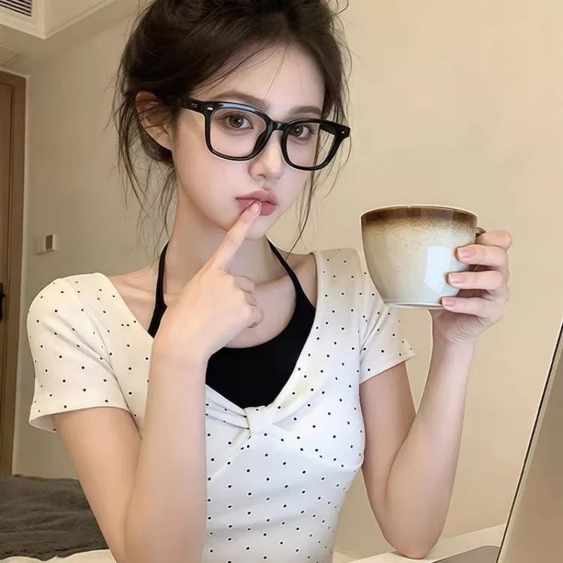 260 그램 사람들 면 화이트 도트 무늬 페이크 레이어드 행침 목 긍정적 인 어깨 반팔 티셔츠 여성 여름 몸매 가꾸기 한 첨부 된 의류
