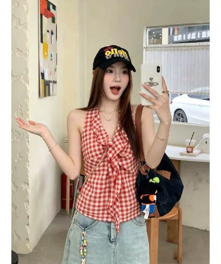 원본 원단 것 캐미솔 여름 새로운 아름다움 뒤로 빨간색 체크무늬 핫걸 민소매 행침 목 맨위 여성