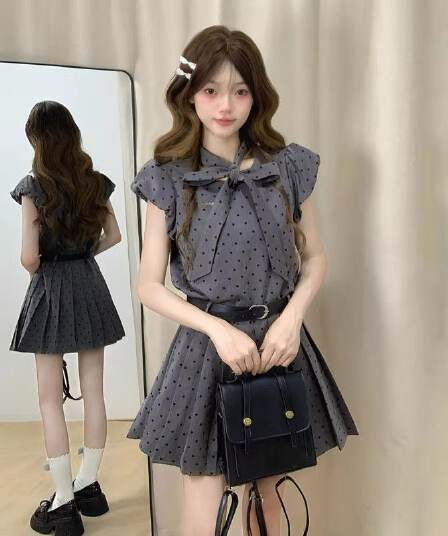 miu 부서 부유 한 가족 천 골드 회색 도트 무늬 여성 드레스 여름 학원 스타일 달콤함 나비 매듭 허리 수축 플리츠 미니 스커트