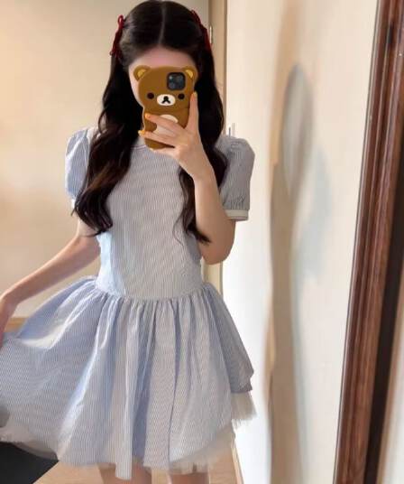 학원 스타일 베이비 칼라 파란색 스트라이프 반팔 셔츠 드레스 아이들 여름 작은 키 허리 수축 퍼프 미니 스커트