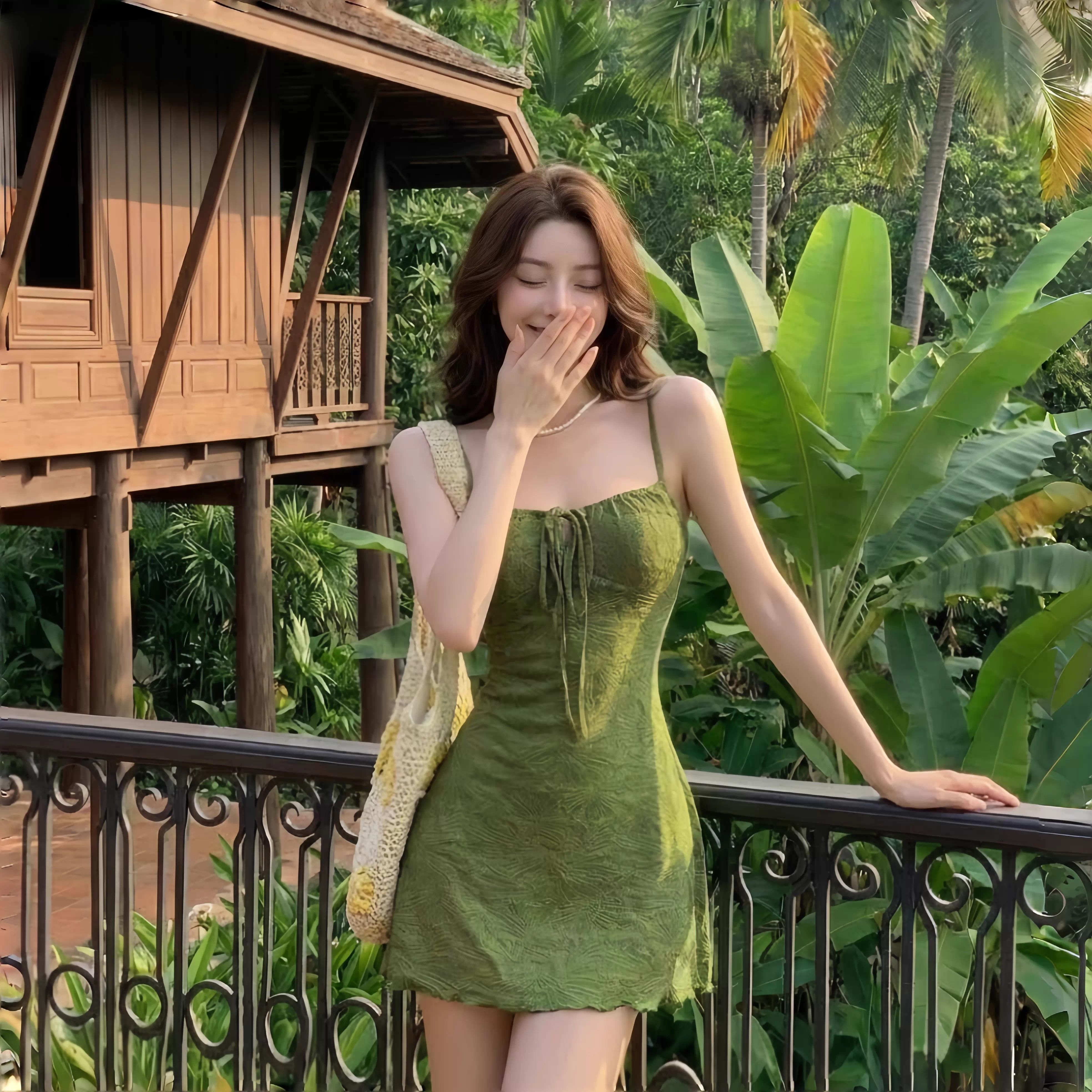 휴가 바람 섹시함 타이트 스커트 미니 스커트 펌프 로프 광장 칼라 슬립 여성 드레스 봄 여름 민소매 몸매 가꾸기 한 마디 짧은 치마