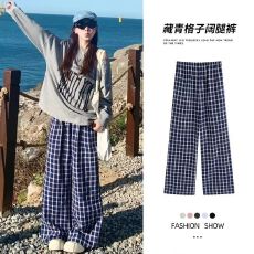 批发蓝色格子裤女春秋2026新款高腰垂感宽松直筒露思同款慵懒风阔腿裤
