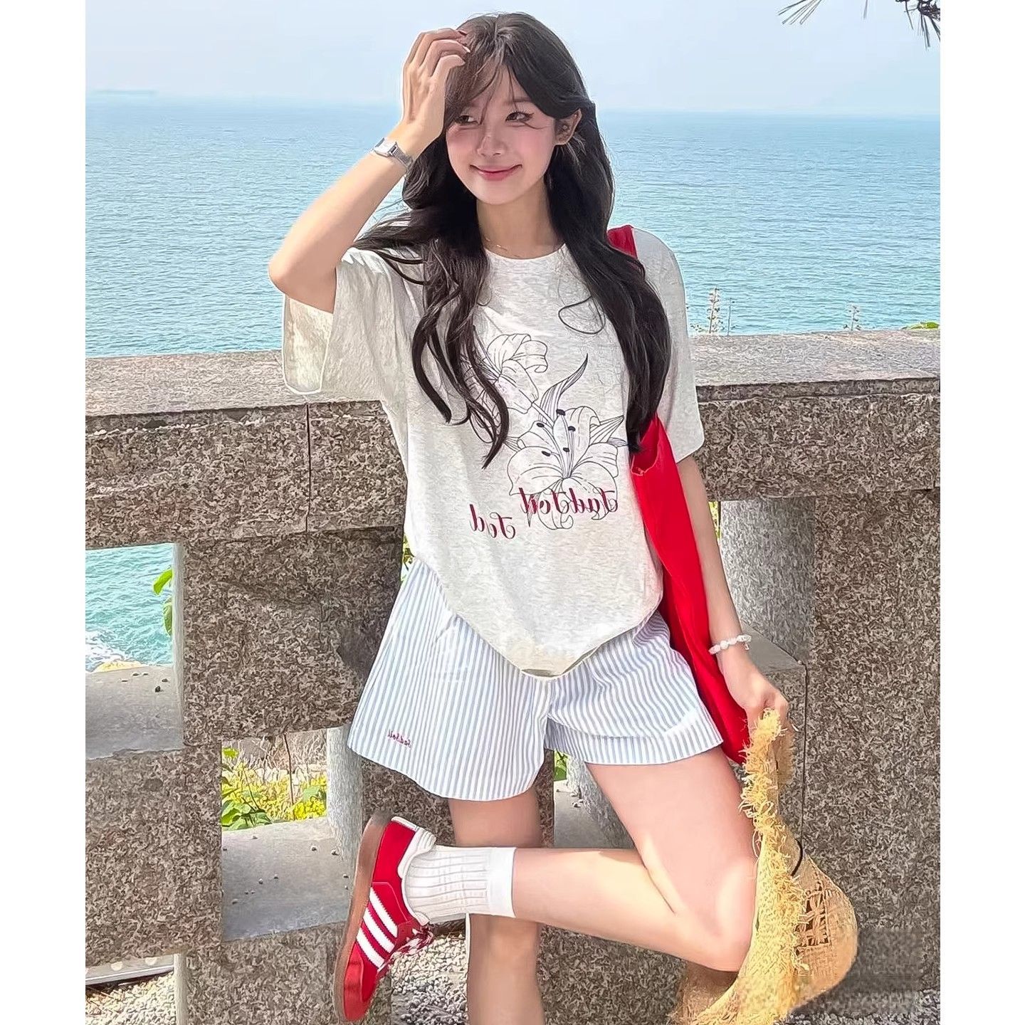 한 부서 파란색 스트라이프 반바지 여성 여름 얇은 스타일 자수 펌프 로프 핫 바지 하이웨이스트 넓은 다리 운동 루즈핏 3 점 바지