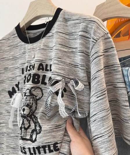 원본 원단 특별 빅 사이즈 300 근 나비 매듭 작은 곰 반팔 티셔츠 배색 스트라이프 여성 셔츠