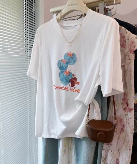 눈꽃 면 특별 빅 사이즈 300 근 레트로 유화 과일 눈꽃 면 반팔 티셔츠 여성 동정