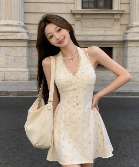 프랑스식 순수한 욕망 꽃무늬 허리 수축 슬립 여성 드레스 여름 V넥 행침 목 몸매 가꾸기 슬림해 보이는 A라인 스커트 2026 새로운