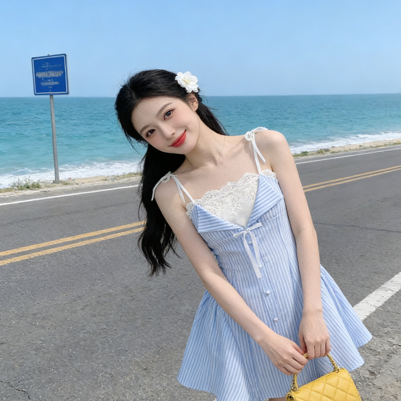 2026 봄 새로운 스트라이프 패치워크 한 마디 셔츠 드레스 치마 트렌디 봄 여름 프랑스식 디자인 슬립 여성 드레스