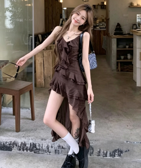 프릴 V넥 슬립 여성 드레스 여름 불규칙 핫걸 롱 스커트 휴가 바람 허리 수축 슬림해 보이는 한 마디 치마