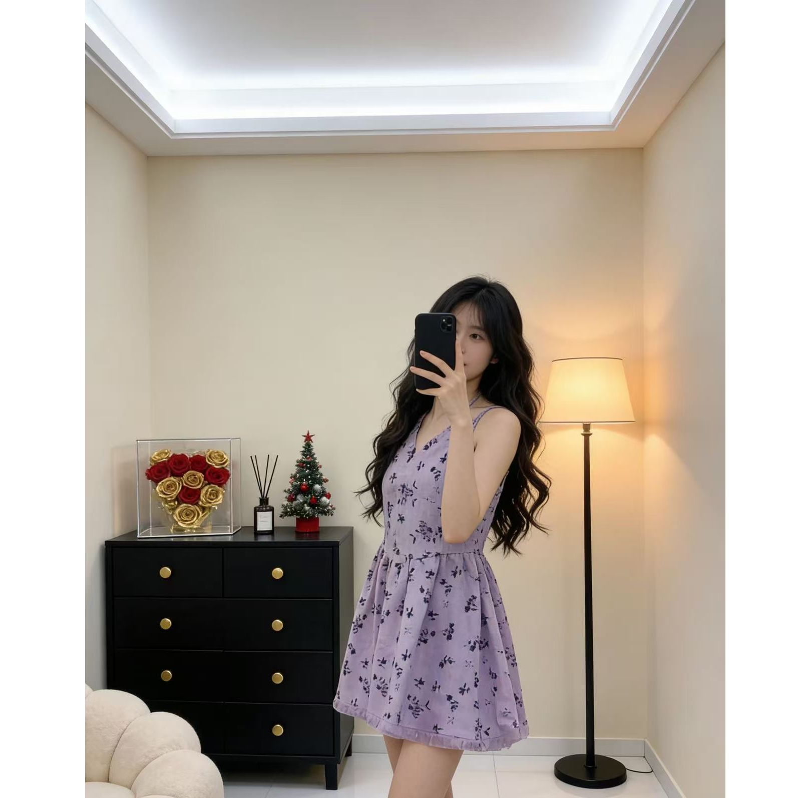 프랑스식 보라색 허리 수축 슬립 여성 드레스 여름 2026 새로운 올해 인기 ~ 중 아름다운 작은 키 미니 스커트
