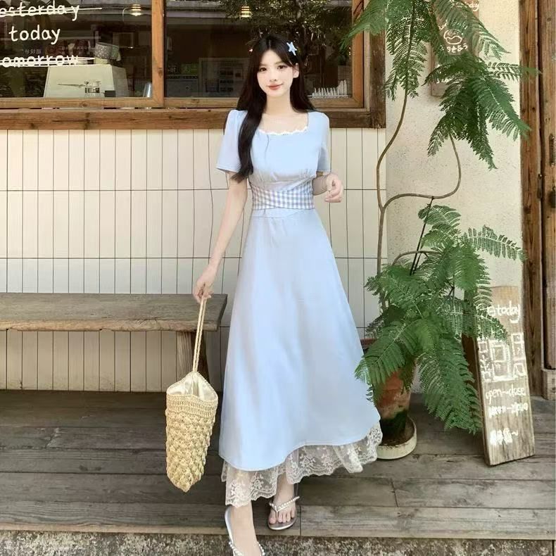 빅 사이즈 프랑스식 품격 광장 칼라 체크무늬 스트랩 여성 드레스 여름 지방 mm 디자인 센스 표지 배 슬림해 보이는 길다 치마