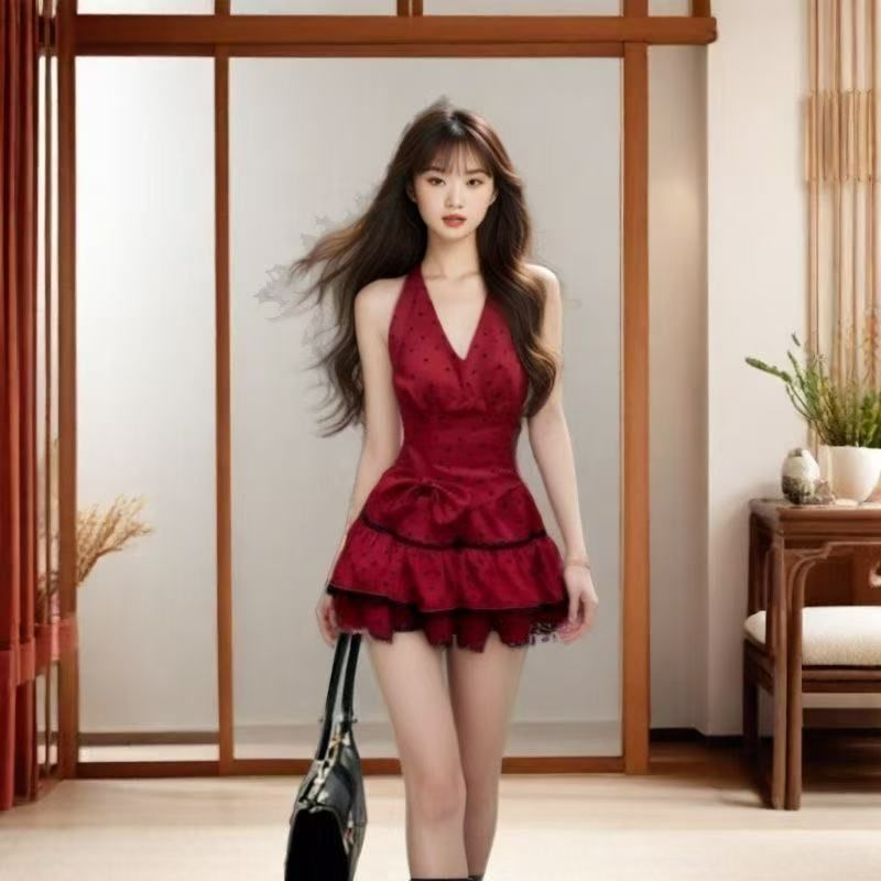 2026 여름 새로운 섹시함 핫걸 빨간색 행침 목 V넥 롱 스커트 백리스 도트 무늬 몸매 가꾸기 허리 수축 드레스