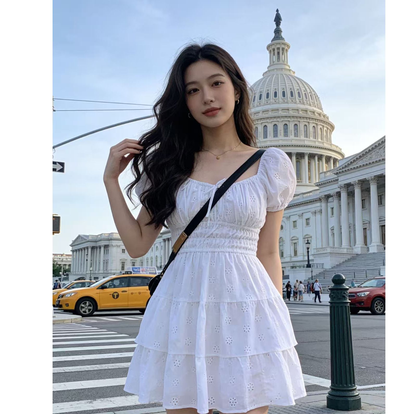 여름 새로운 프랑스식 작은 키 광장 칼라 거품 소매 부드러운 바람 첫사랑 공주 드레스 달콤함 허리 수축 슬림해 보이는
