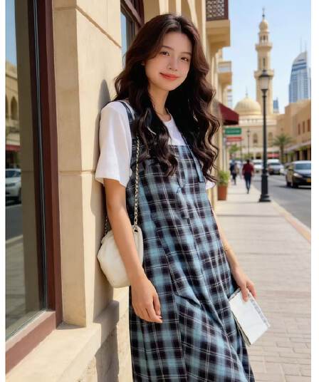 한 부서 캐주얼 체크무늬 드레스 2026 년 이른 가을 새로운 고급 품격 느슨함 센스 페이크 레이어드 롱 스커트 여성 의류