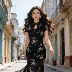 批发新中式国风改良旗袍连衣裙女装夏季黑色网纱性感紧身包臀长款裙子