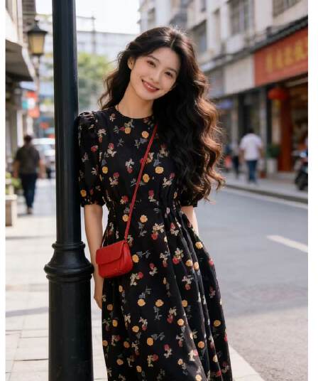 프랑스식 레트로 검정색 꽃무늬 라운드 넥 거품 소매 셔츠 드레스 여름 허리 수축 큰 진자 한 마디 휴가 여성 드레스