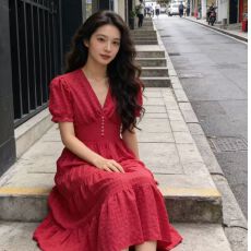 批发法式泡泡袖玫红色<b class='q'>连衣裙</b>女2026秋季新款气质独特超好看收腰长裙子