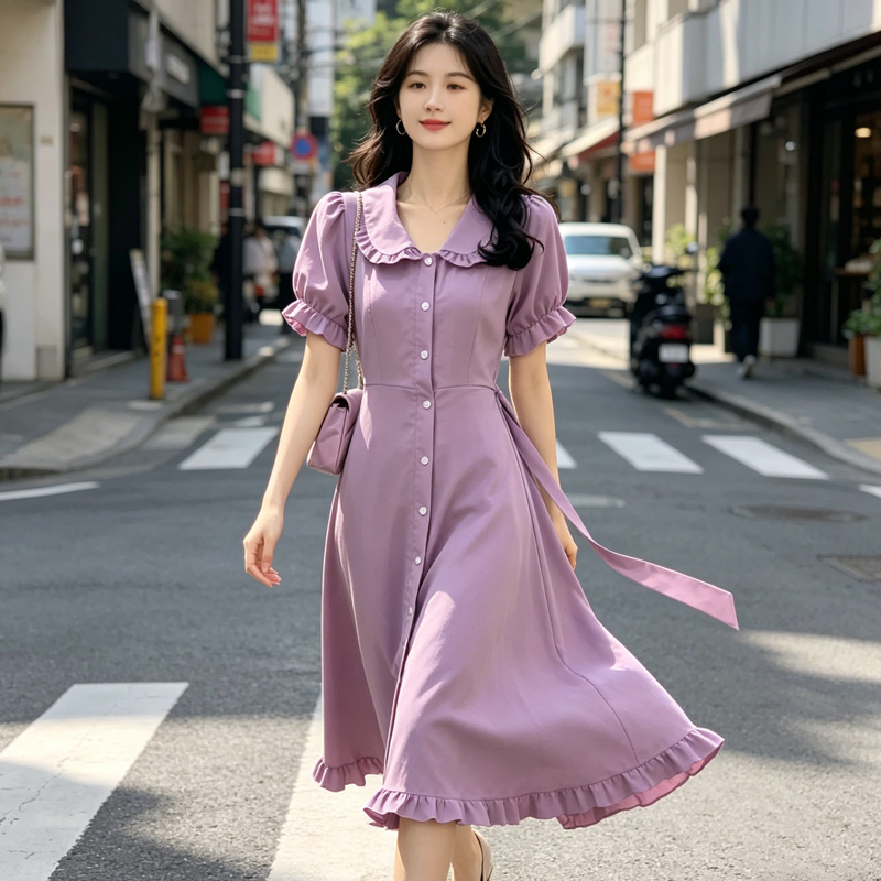 프랑스식 레트로 작은 대중 여성 드레스 베이비 칼라 중간 길이 한국 스타일 치마 여름 몸매 가꾸기 허리 수축 품격 롱 스커트