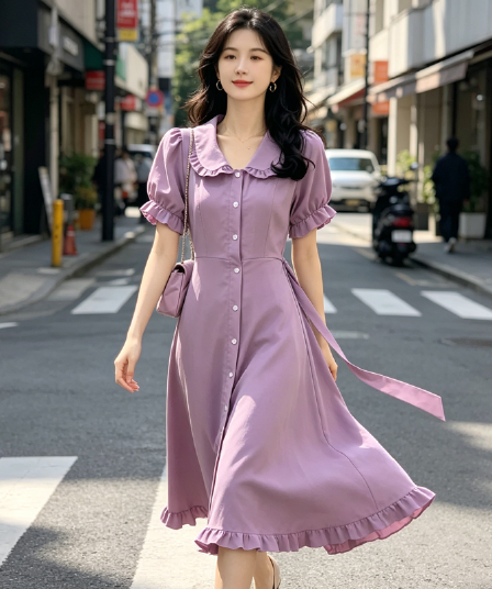 프랑스식 레트로 작은 대중 여성 드레스 베이비 칼라 중간 길이 한국 스타일 치마 여름 몸매 가꾸기 허리 수축 품격 롱 스커트