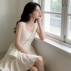 批发法式温柔风白色方领无袖<b class='q'>连衣裙</b>女夏收腰显瘦单排扣荷叶边气质短裙