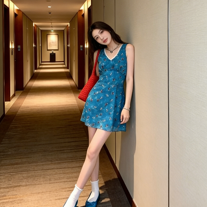 달콤한 자매 바람 파란색 꽃무늬 슬립 미니 스커트 여성 여름 디자인 센스 v 칼라 허리 수축 슬림해 보이는 핫걸 바람 드레스 트렌디