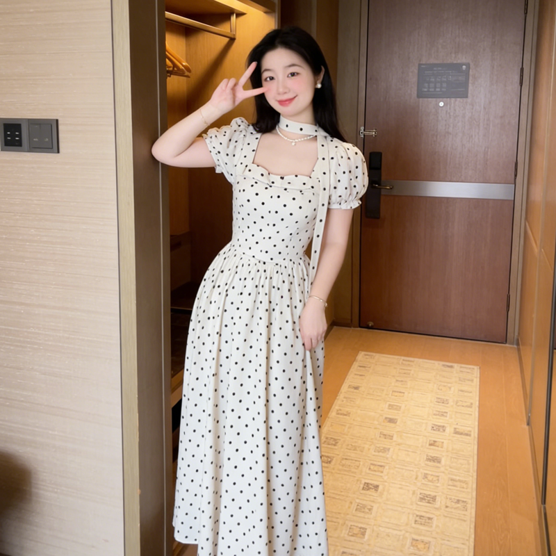 프랑스식 부드러운 바람 도트 무늬 여성 드레스 여름 행침 목 거품 소매 허리 수축 슬림해 보이는 달콤한 자매 바람 길다 치마