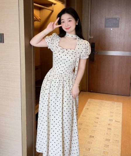 프랑스식 부드러운 바람 도트 무늬 여성 드레스 여름 행침 목 거품 소매 허리 수축 슬림해 보이는 달콤한 자매 바람 길다 치마