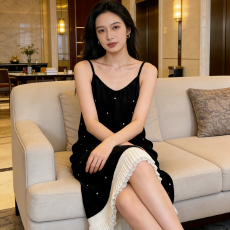 批发小香风黑色丝绒吊带<b class='q'>连衣裙</b>女气质名媛春季2026宽松显瘦拼接长款裙