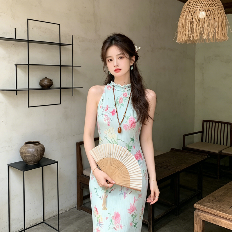2026 새로운 프랑스식 여름 물결무늬 주름 스탠드 칼라 레이스 프린트 행침 목 롱 코트 여성 드레스 부드러운 추세