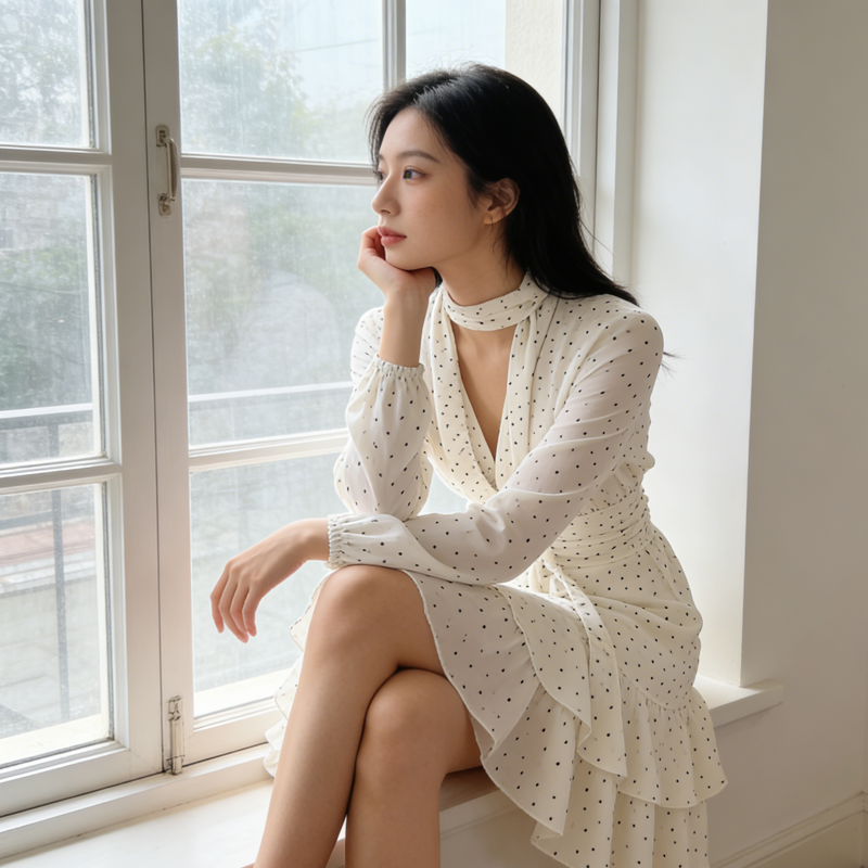 로얄 자매 바람 검정색 행침 목 도트 무늬 여성 드레스 가을 허리 수축 슬림해 보이는 거품 소매 스팽글 품격 달콤한 차가운 바람 미니 스커트