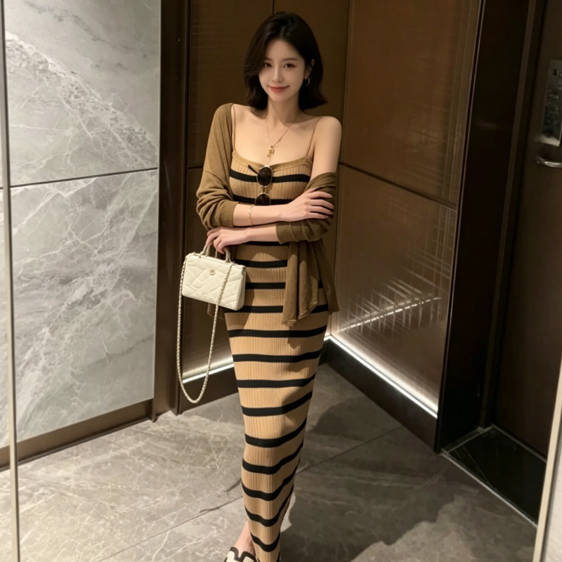 한 스타일 로얄 자매 바람 스트라이프 니트 점프 슈트 치마 세트 여성 여름 자외선 차단 오픈 가디건 허리 수축 슬립 롱 스커트 투피스 세트