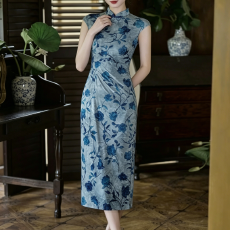 批发蓝色旗袍女新中式改良连衣裙夏大码有弹力修身日常2026新款巨好看