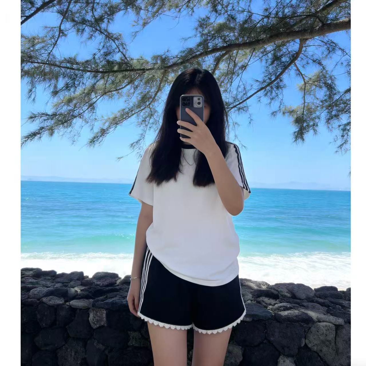 디자인 센스 작은 대중 레이스 레이스 캐주얼 반바지 여성 여름 운동 바람 측면 싸움 기사 하이웨이스트 슬림해 보이는 와이드 레그 팬츠