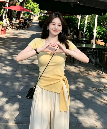 박하 남자 웨이브 프랑스식 불규칙 트임 스트랩 스타일 맨위 여성 여름 하이웨이스트 루즈핏 와이드 레그 팬츠 치마 투피스 세트
