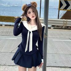 批发气质修身海军领上衣套装女秋季款收腰显瘦百褶裙甜美减龄长袖T恤