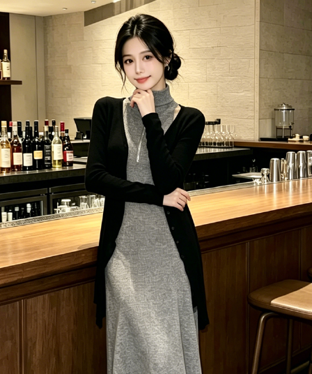 2025 새로운 회색 가을 겨울 드레스 새로운 중식 여성 의류 몸매 가꾸기 표지 고기 다용도 치마 풀 세트 두 조각 여성 세트