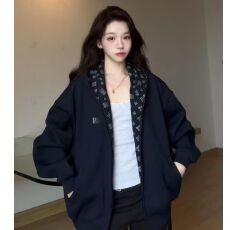 批发美式复古印花拼接设计感连帽<b class='q'>卫衣</b>女秋冬新款宽松学院风<b class='q'>开衫</b>外套潮