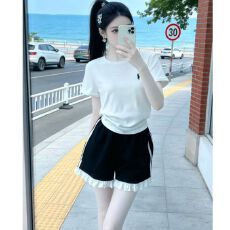 批发韩式性感纯色修身短裤女俏皮减龄阔腿裤花边拼接双杠休闲百搭<b class='q'>裤子</b>