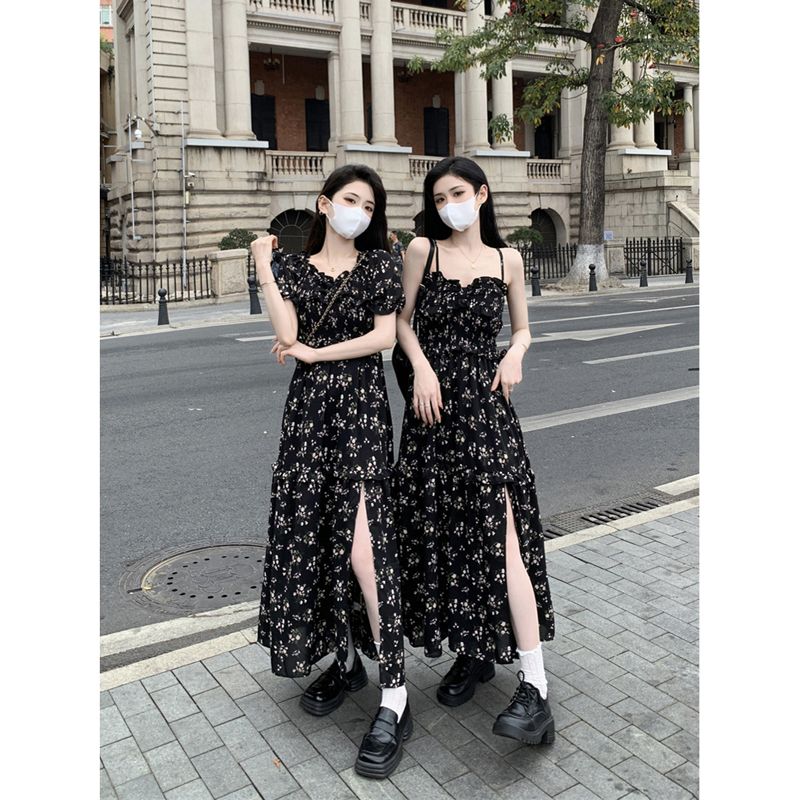 쉬폰 네리 어깨끈 수 있습니다. 조정 하나 검정색 꽃무늬 슬립 드레스 프랑스식 부드러운 슬림해 보이는 벨트 네리 롱 스커트