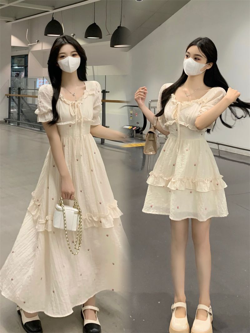 자수 원단 쉬폰 네리 하나 꽃무늬 프랑스식 부드러운 바람 품격 레이스 스트랩 화이트 요정 케이크 드레스