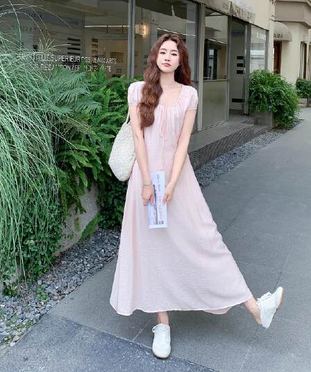 원본 면 주름 원단 네리 지퍼 하나 핑크색 달콤함 슈퍼 요정 드레스 프랑스식 몸매 가꾸기 슬림해 보이는 첫사랑 치마