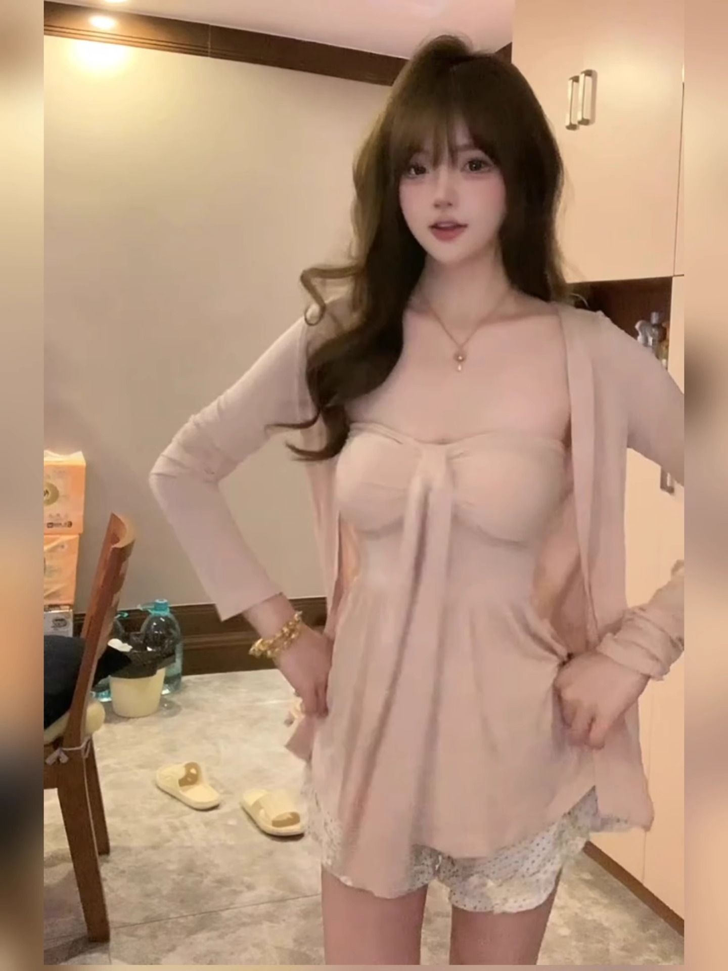 모달 200그램 무거운 원단 가슴 패드 하나 느긋한 루즈핏 핑크색 오픈 가디건 여성 튜브탑 조끼 맨위 투피스 세트