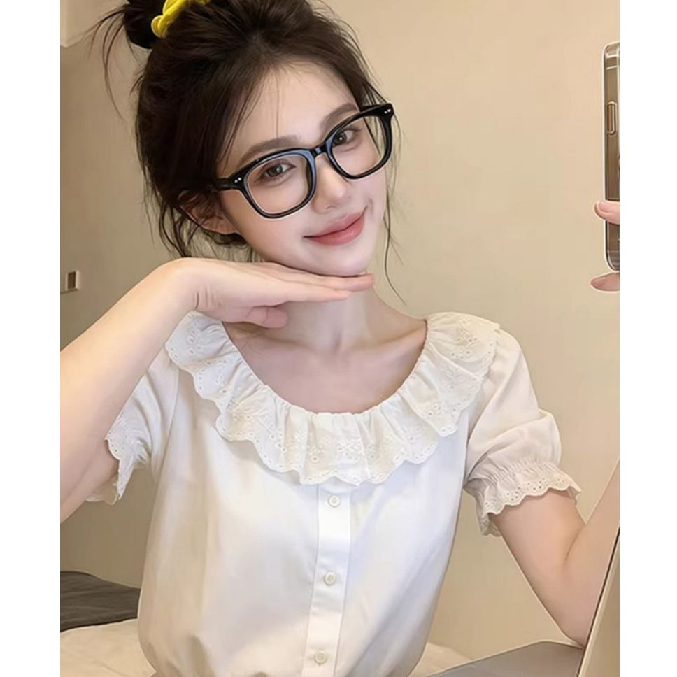 원본 사람들 면 원단 물 용해 레이스 여름 디자인 센스 프랑스식 레이스 셔츠 화이트 몸매 가꾸기 품격 맨위
